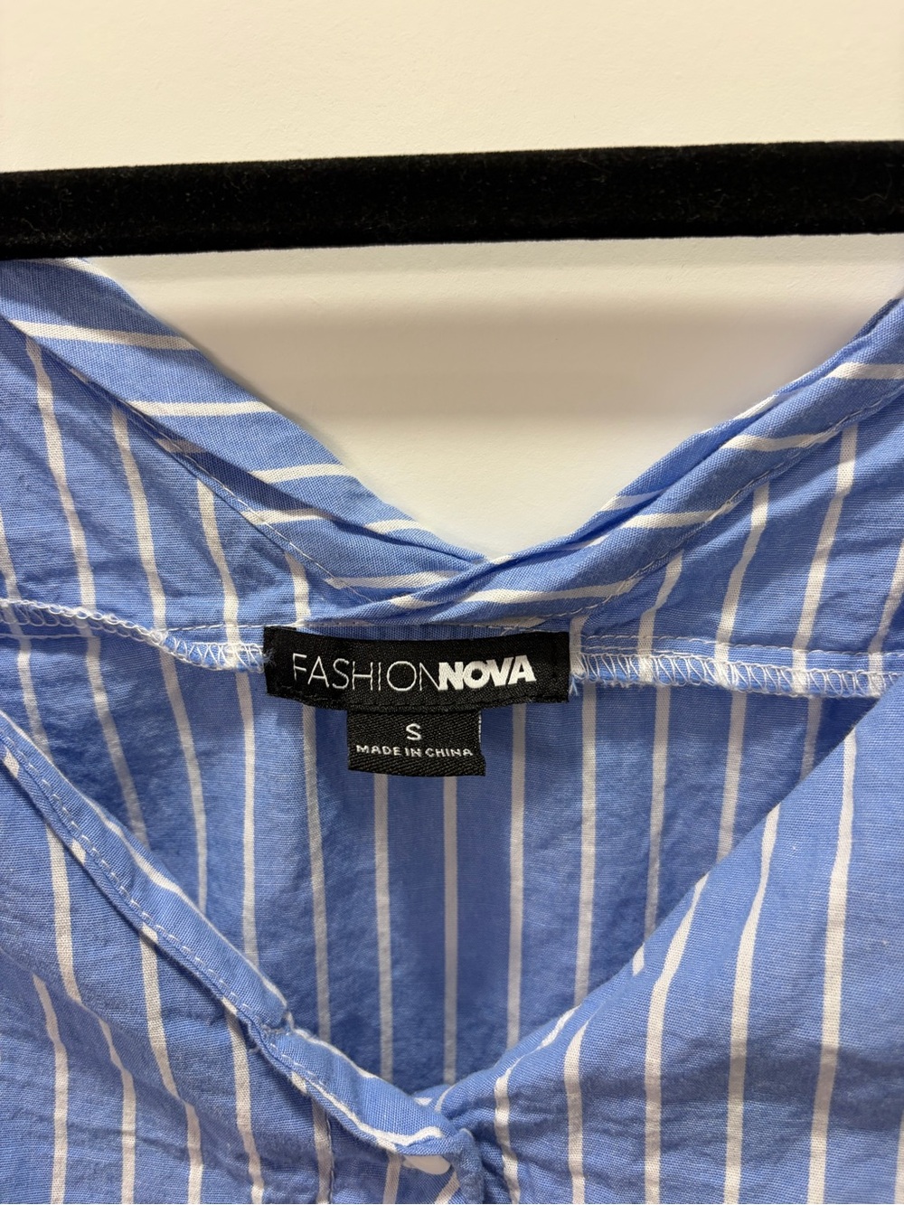 FashionNova Cotton Cottagecore Light Blue White Striped V-Neck Button Blouse S - Picture 5 of 6